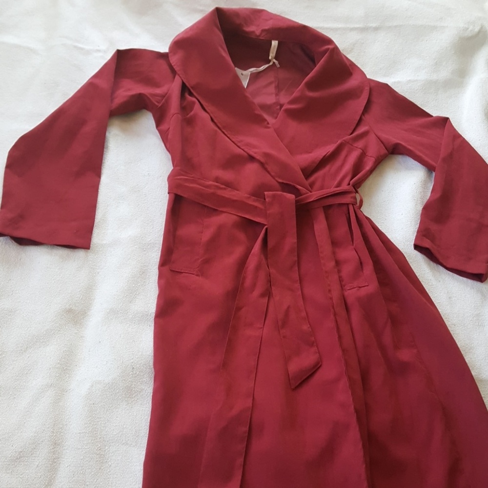 Dark red faux suede long coat